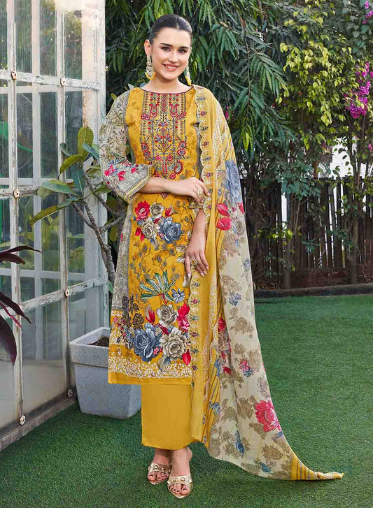 Pakistani Print Yellow Unstitched Cambric Cotton Suit Material with Embroidery