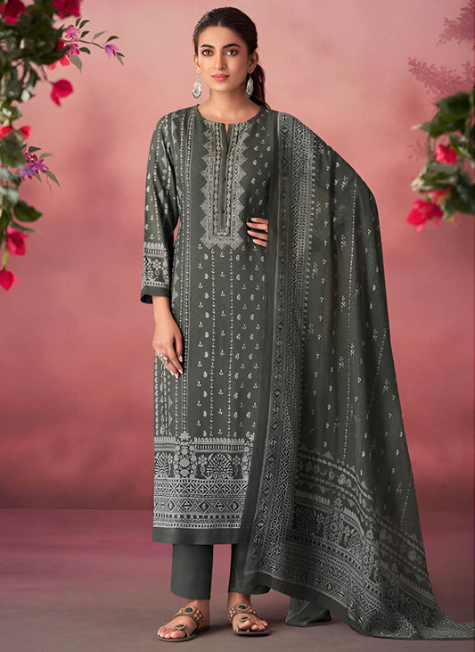 Unstitched Teal Green Pashmina Winter Suit Material with Muslin Silk Dupatta