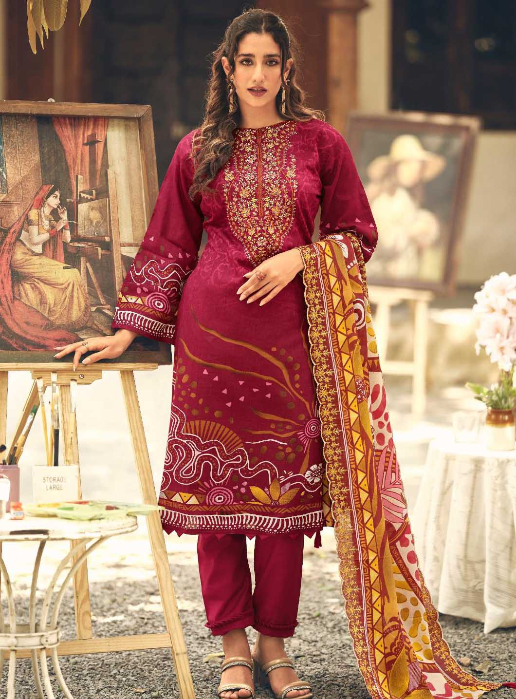 Cambric Cotton Pakistani Print Unstitched Suit Set with Embroidery