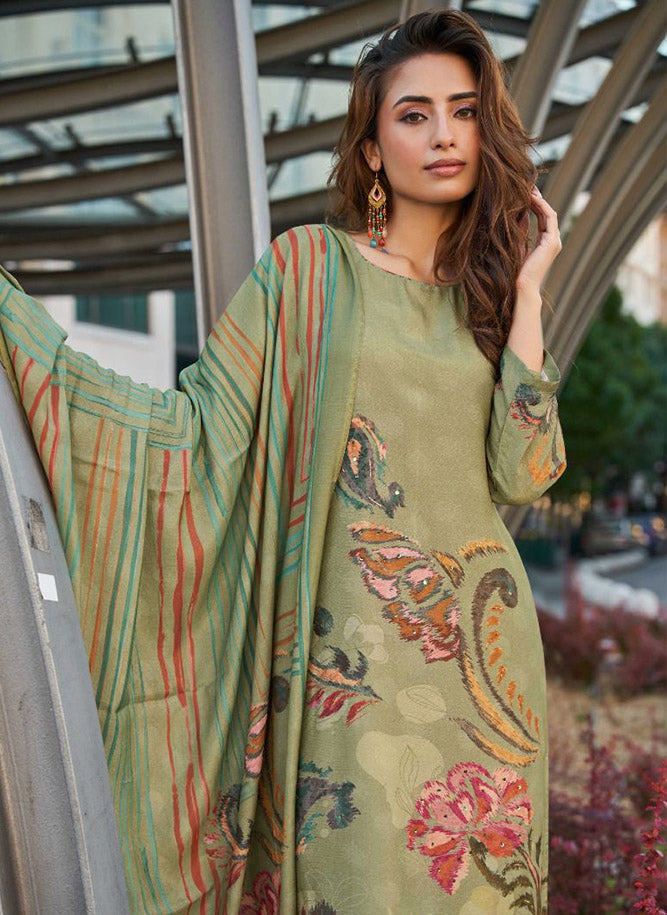 Pure Muslin Party Wear Green Unstitched Salwar Suit Dress Material