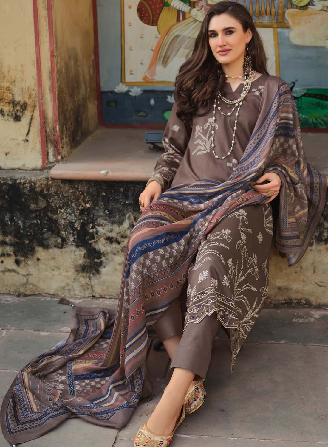 Pure Cotton Brown Unstitched Suit Dress Material for Women with Muslin Dupatta