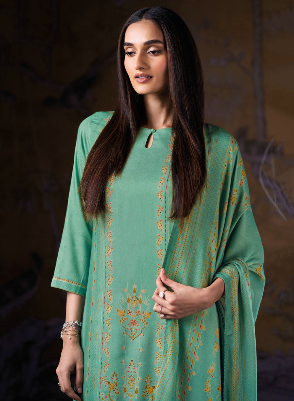 Ganga Wool Pashmina Winter Unstitched Suit Set with Swarovski Work