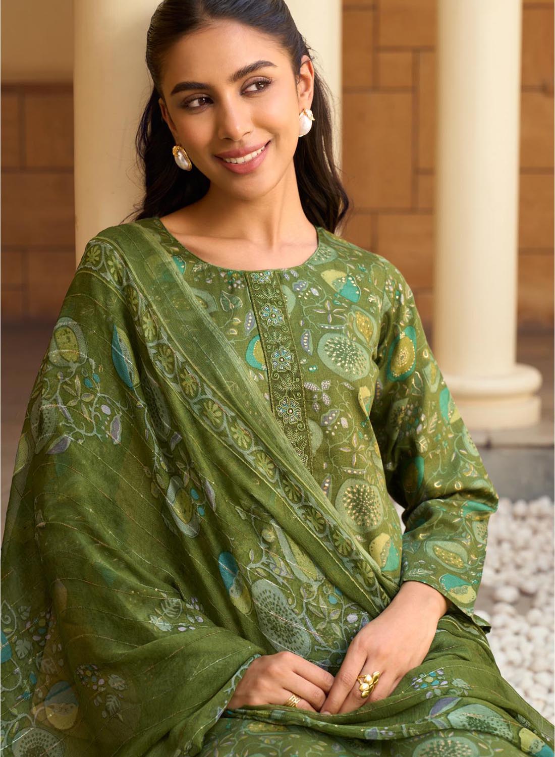 Green Cotton Satin Unstitched Salwar Suit Dress Material for Women