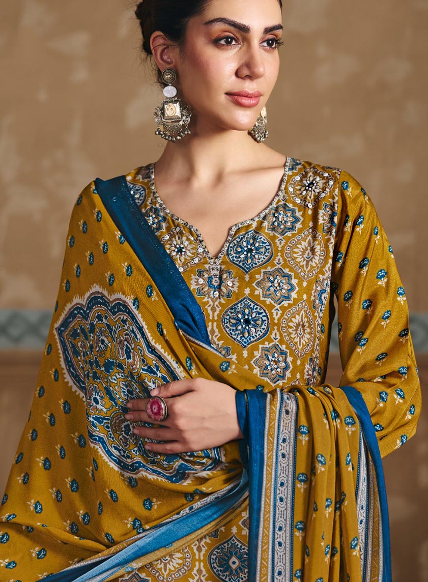 Elegant Ajrakh Print Pure Muslin Unstitched Suit Dress Material for Women