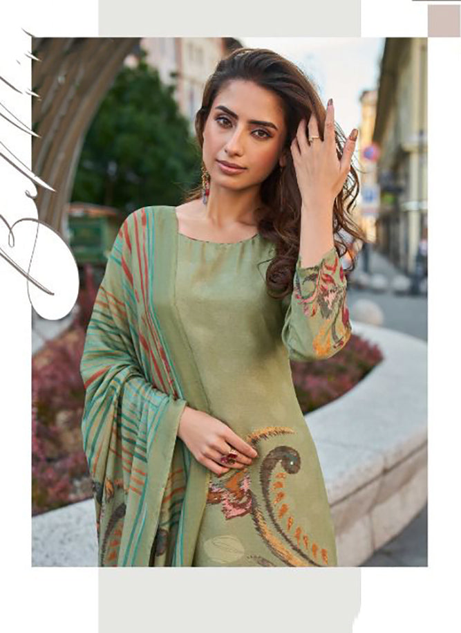 Pure Muslin Party Wear Green Unstitched Salwar Suit Dress Material