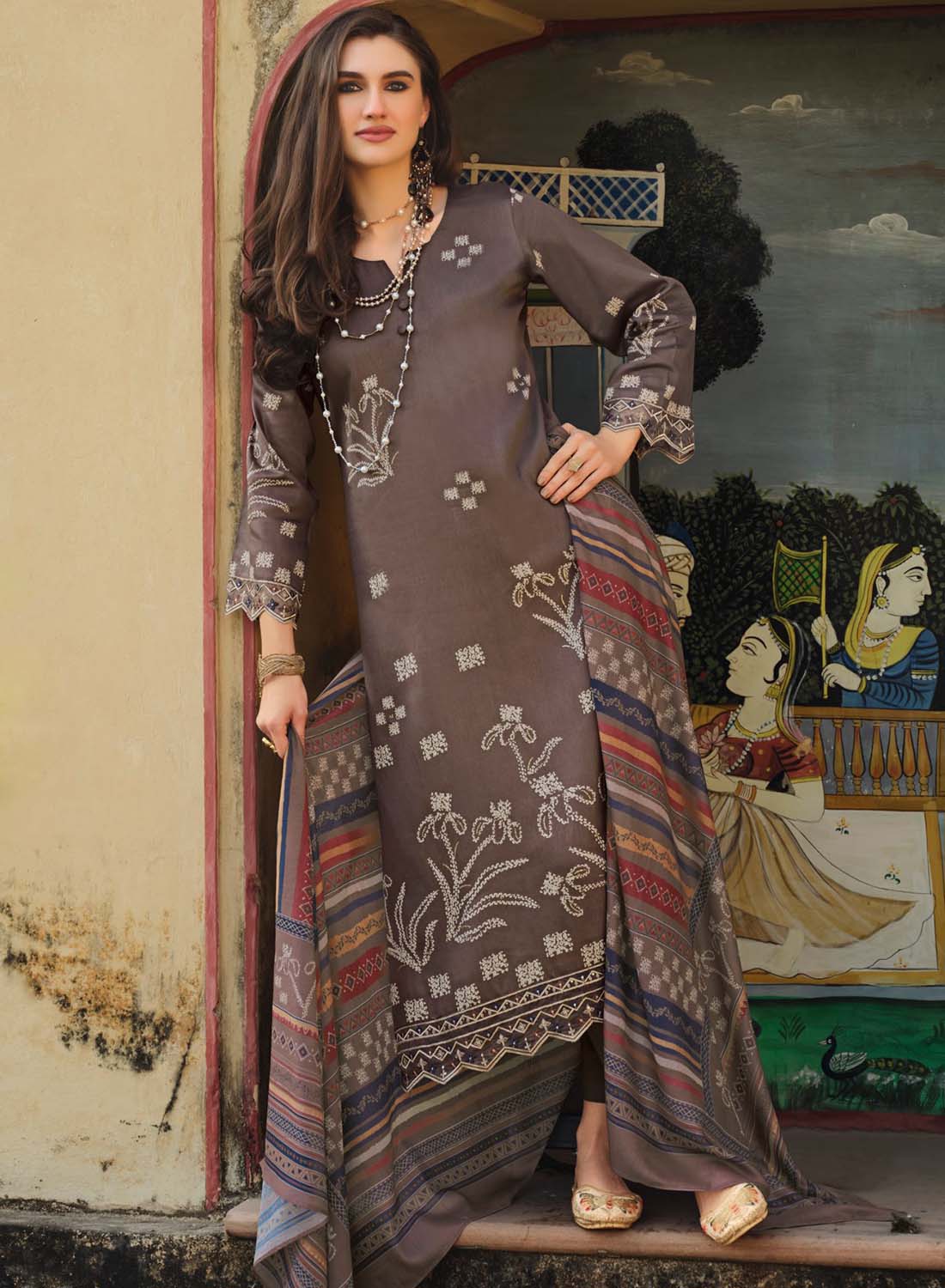 Pure Cotton Brown Unstitched Suit Dress Material for Women with Muslin Dupatta