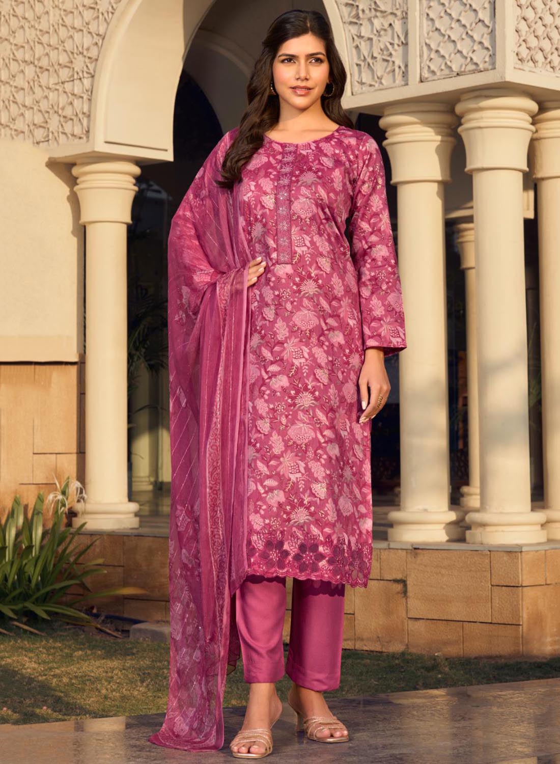 Pink Cotton Satin Unstitched Salwar Suit Dress Material for Women