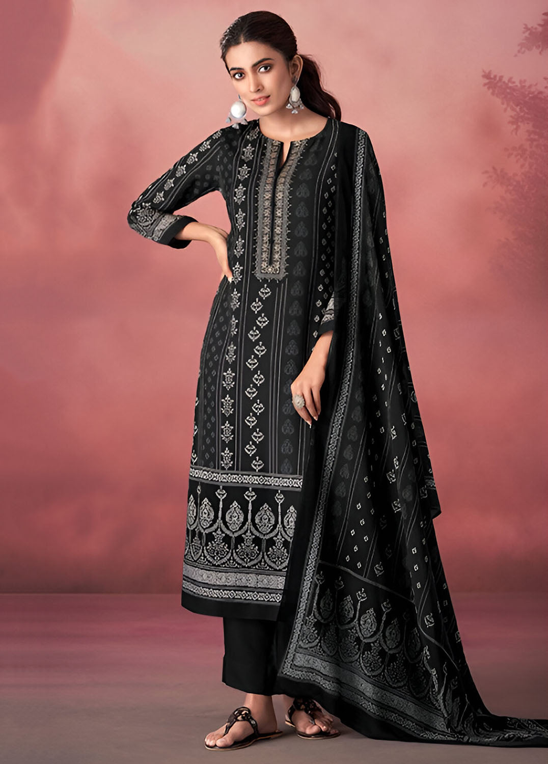 Unstitched Black Pashmina Winter Suit Material with Muslin Silk Dupatta Esta Designs