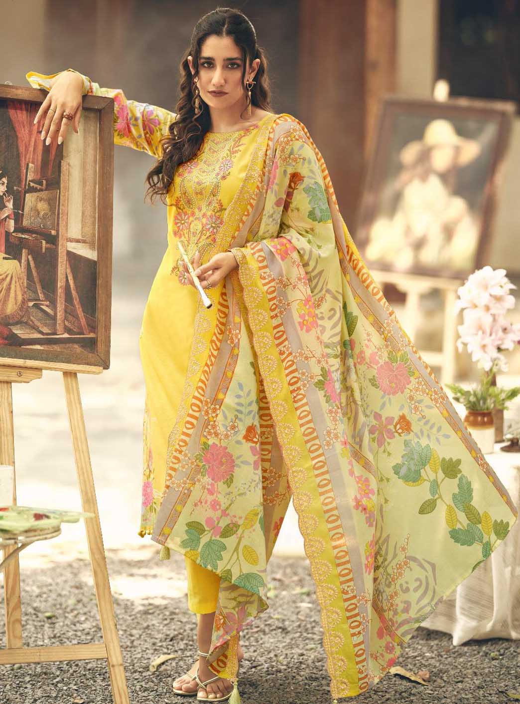 Cambric Cotton Pakistani Print Yellow Unstitched Suit Set with Embroidery