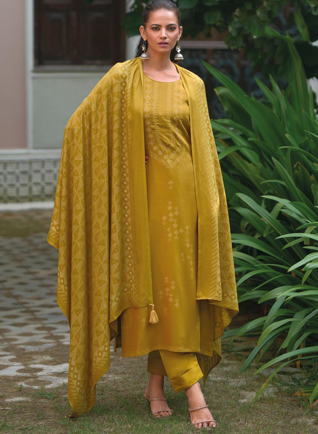 Mustard Pure Pashmina Unstitched Winter Suit Dress Material for Women