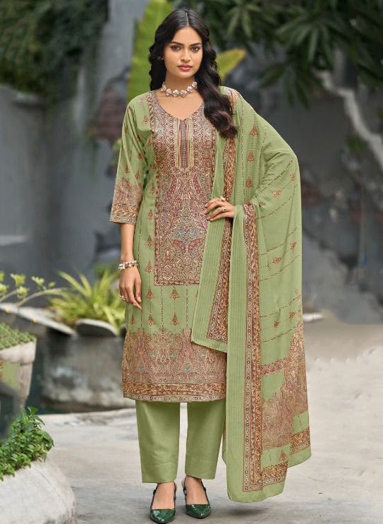 Green Printed Unstitched Cotton Suit Dress Material for Women
