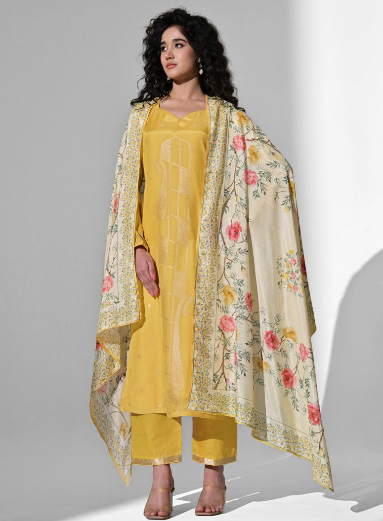 Party Wear Yellow Muslin Jacquard Unstitched Suit Material for Women