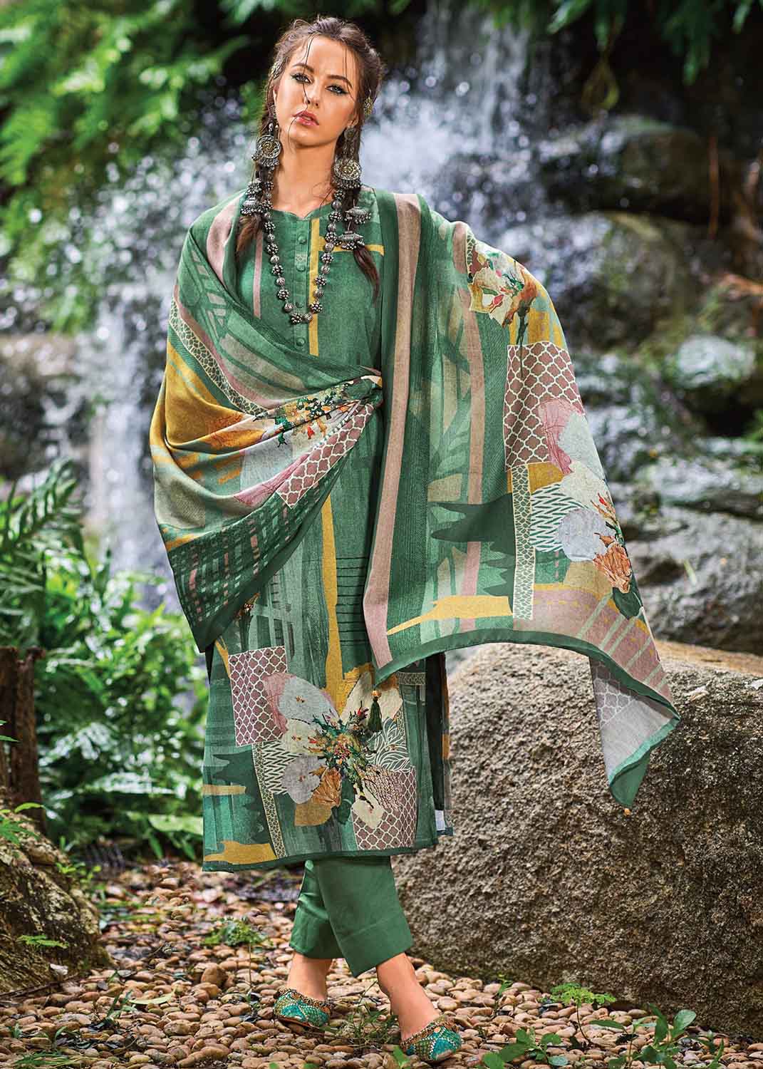 Kilory Pashmina Printed Green Women Winter Suit Dress Material Kilory Trends