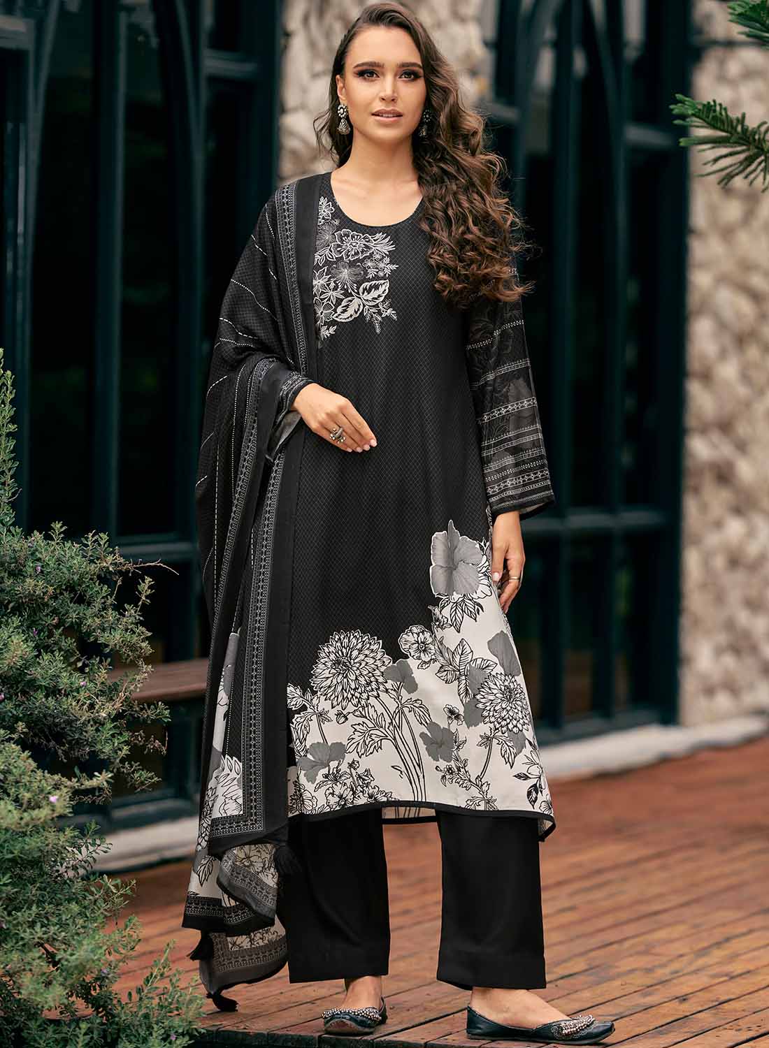 Black Pashmina Unstitched Winter Suit Material with Shawl Dupatta