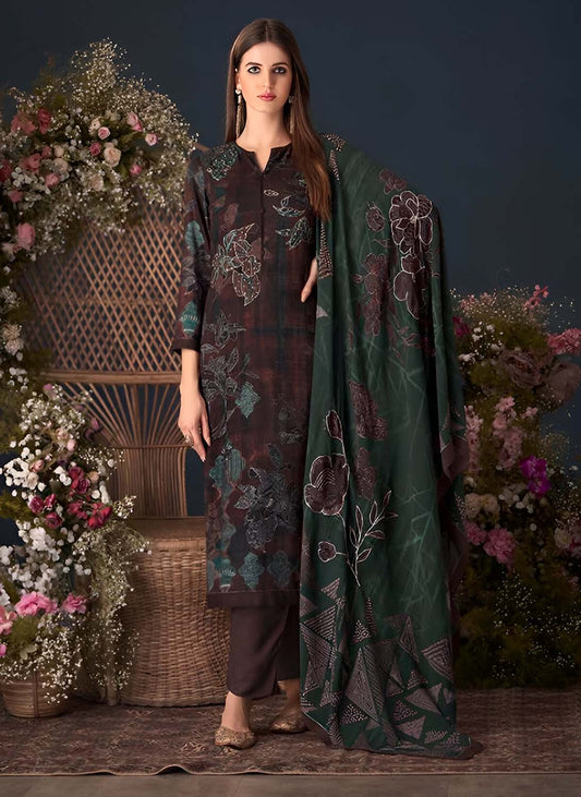 Unstitched Brown Printed Pashmina Winter Suit Dress Material for Women