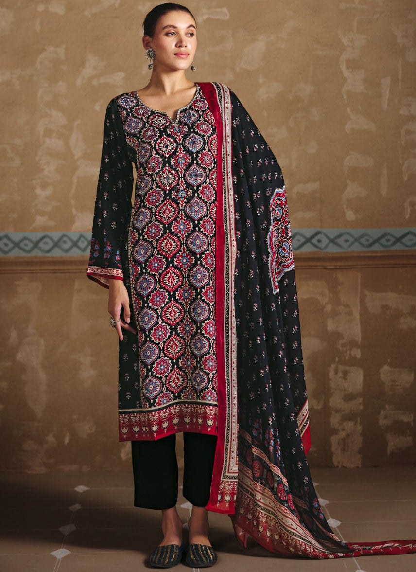 Ajrakh Print Pure Muslin Black Unstitched Suit Dress Material for Women
