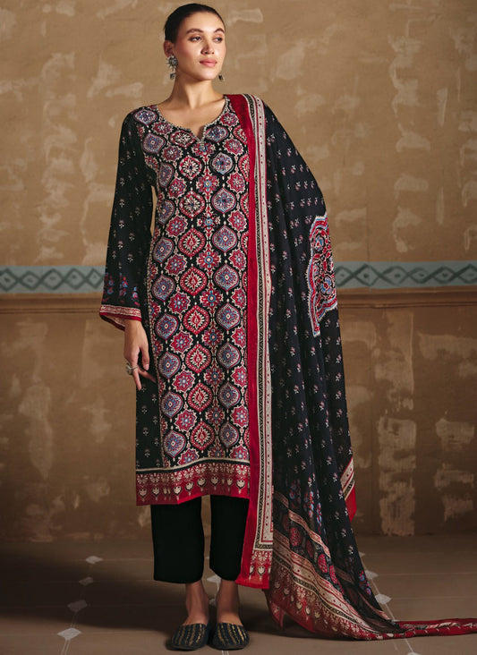 Ajrakh Print Pure Muslin Black Unstitched Suit Dress Material for Women