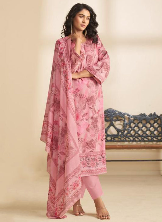 Pink Cotton Satin Unstitched Salwar Suit Material with Muslin Dupatta