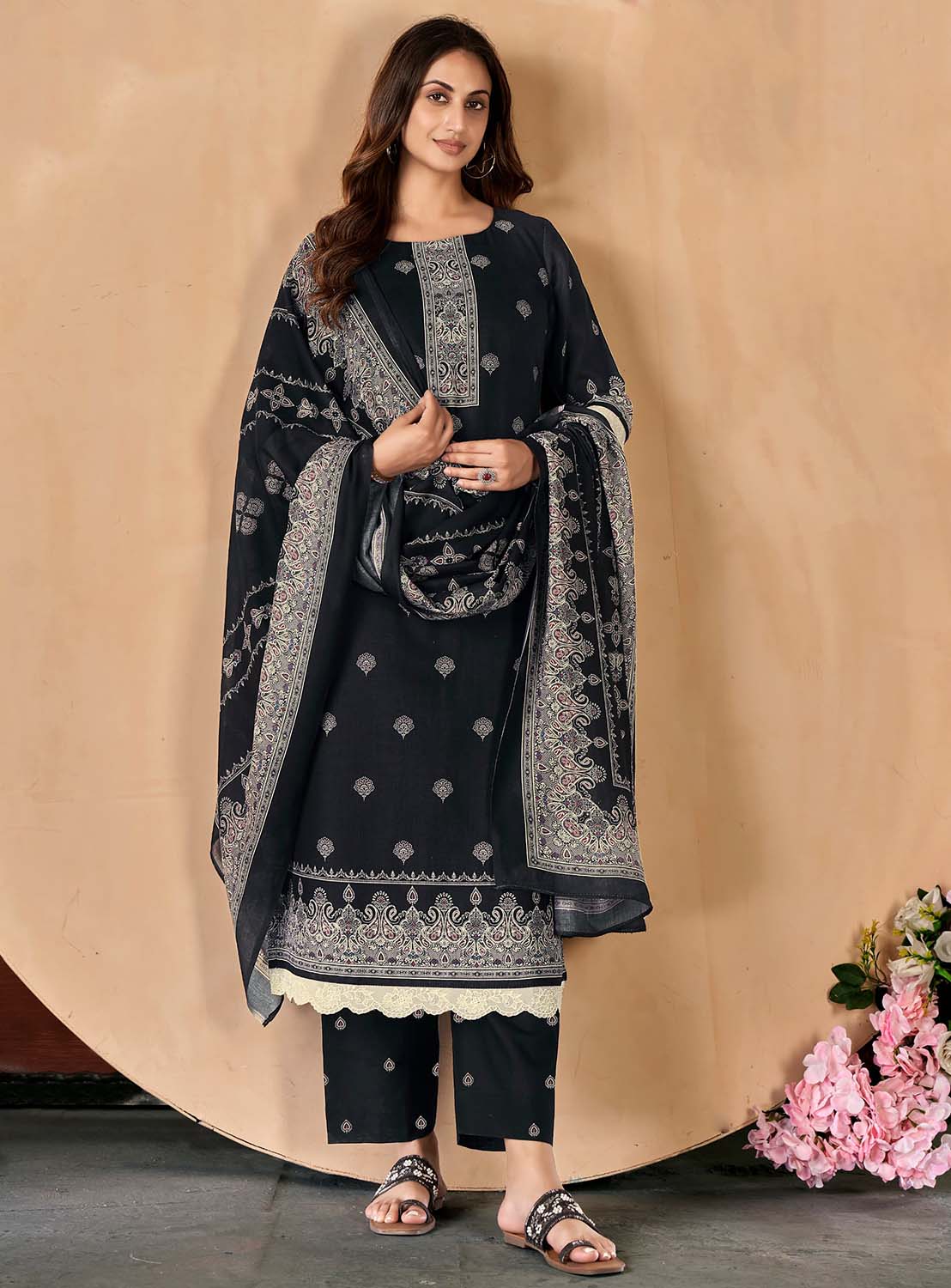 Black Unstitched Pashmina Winter Suit Dress Material for Women