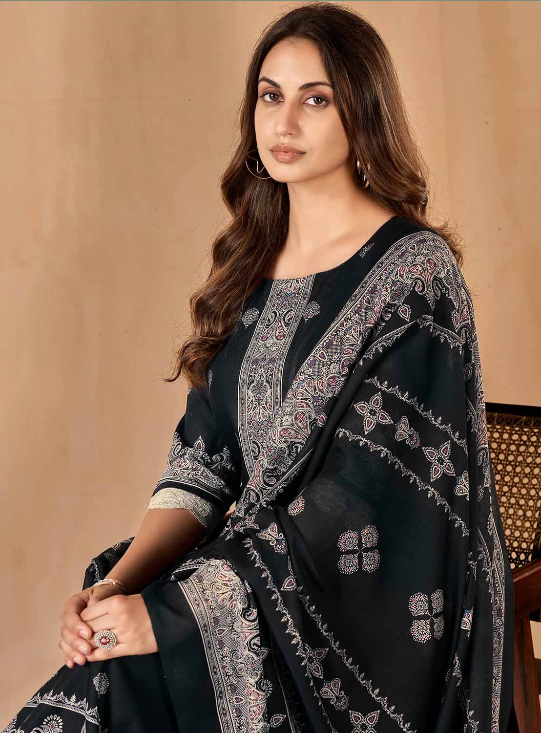 Black Unstitched Pashmina Winter Suit Dress Material for Women