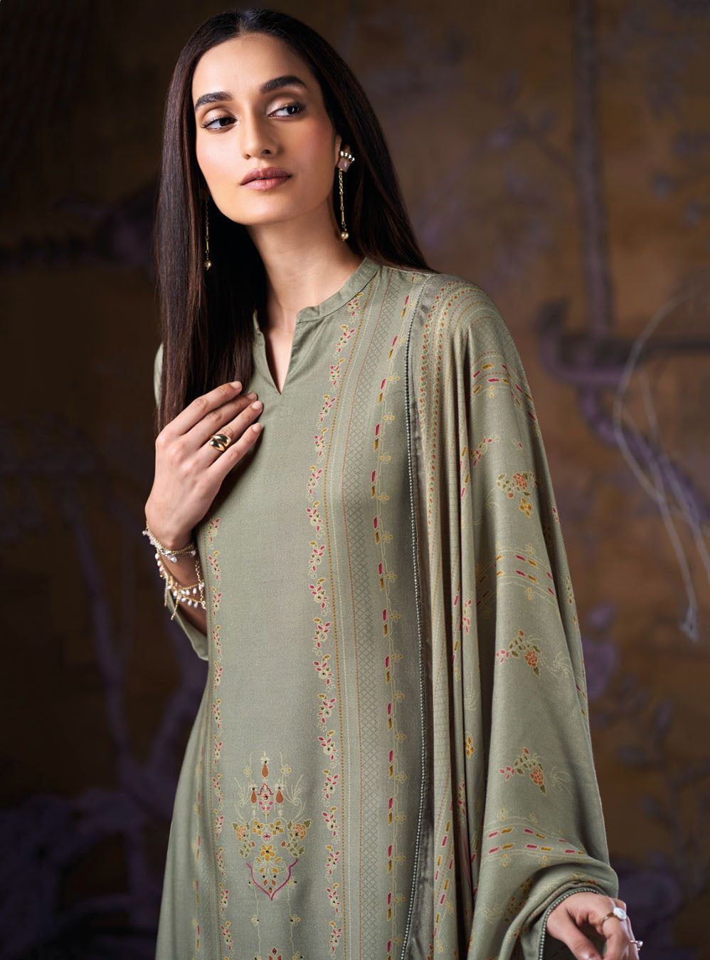 Woolen Pashmina Winter Unstitched Suit Set Material with Swarovski Work