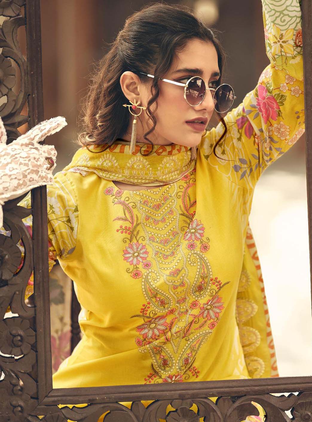 Cambric Cotton Pakistani Print Yellow Unstitched Suit Set with Embroidery