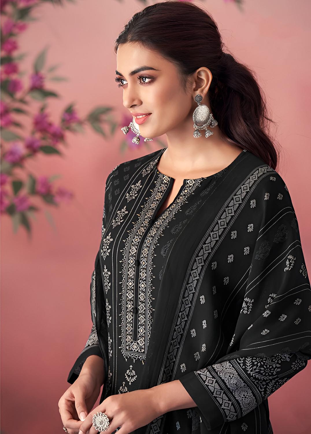 Unstitched Black Pashmina Winter Suit Material with Muslin Silk Dupatta Esta Designs