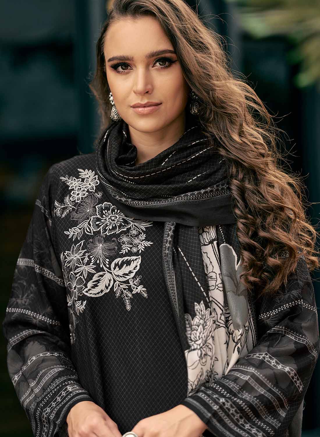 Black Pashmina Unstitched Winter Suit Material with Shawl Dupatta