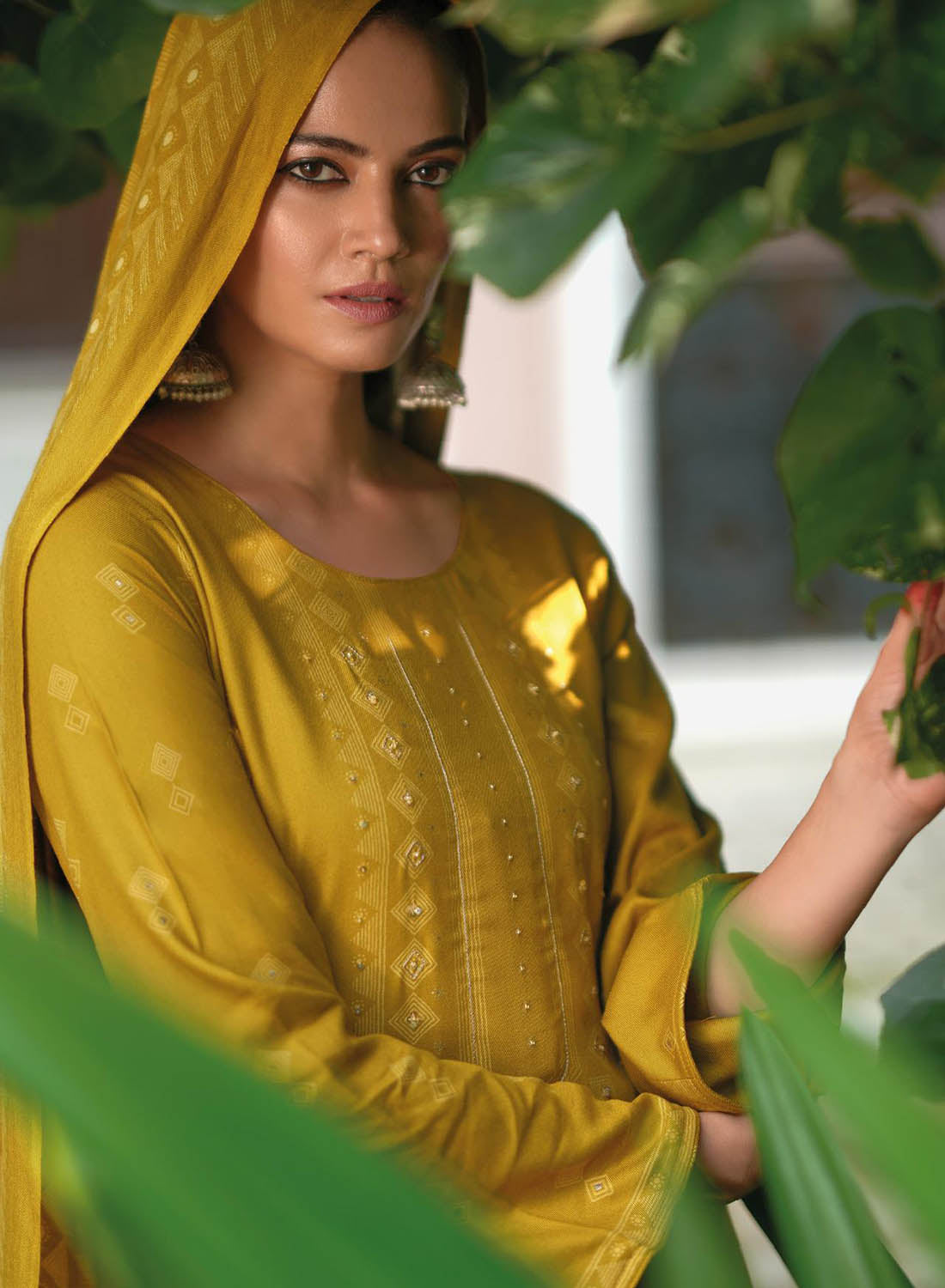 Mustard Pure Pashmina Unstitched Winter Suit Dress Material for Women