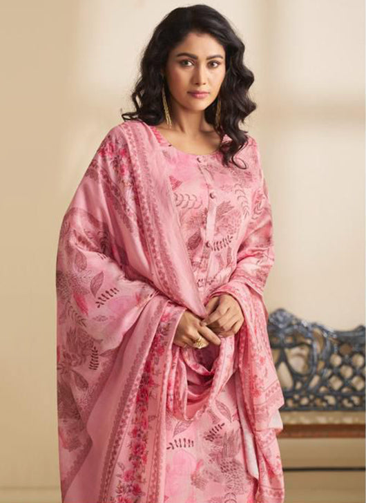 Pink Cotton Satin Unstitched Salwar Suit Material with Muslin Dupatta