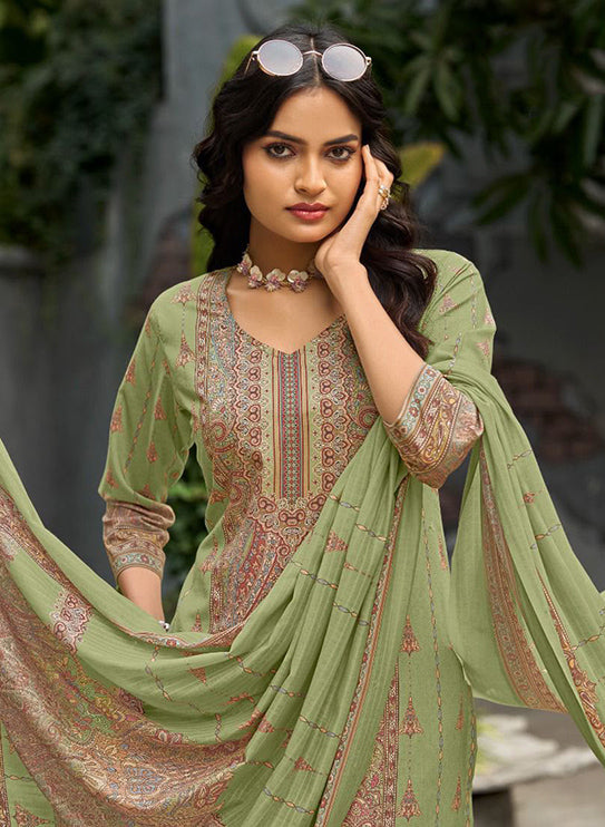 Green Printed Unstitched Cotton Suit Dress Material for Women