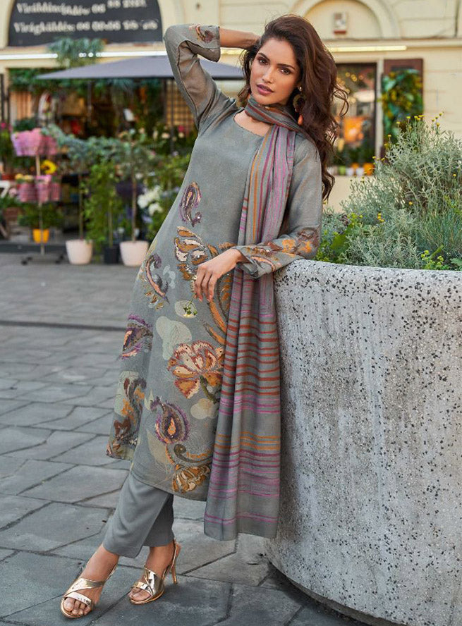 Pure Muslin Party Wear Grey Unstitched Salwar Suit Dress Material