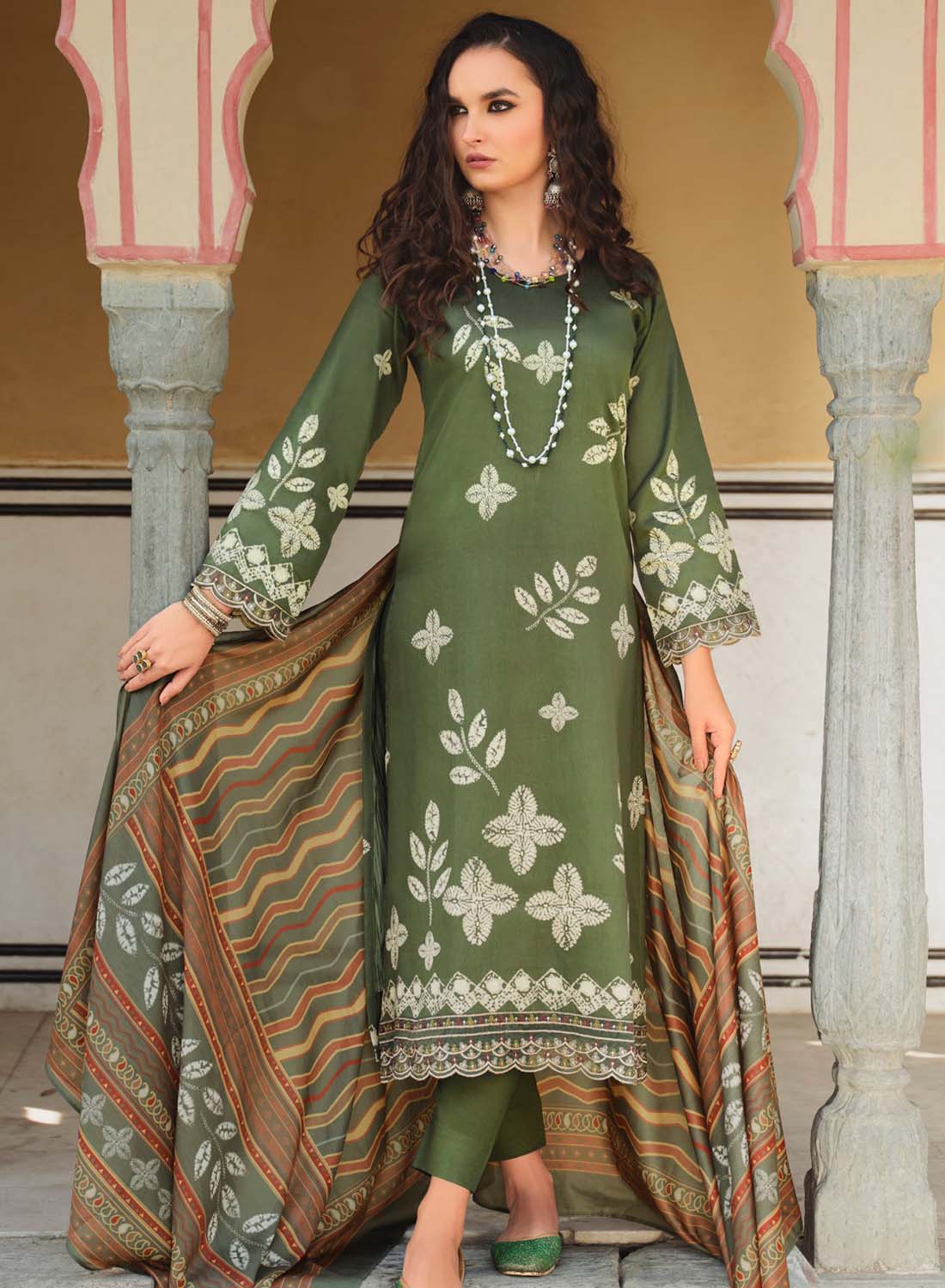 Pure Cotton Green Unstitched Suit Dress Material for Women with Muslin Dupatta