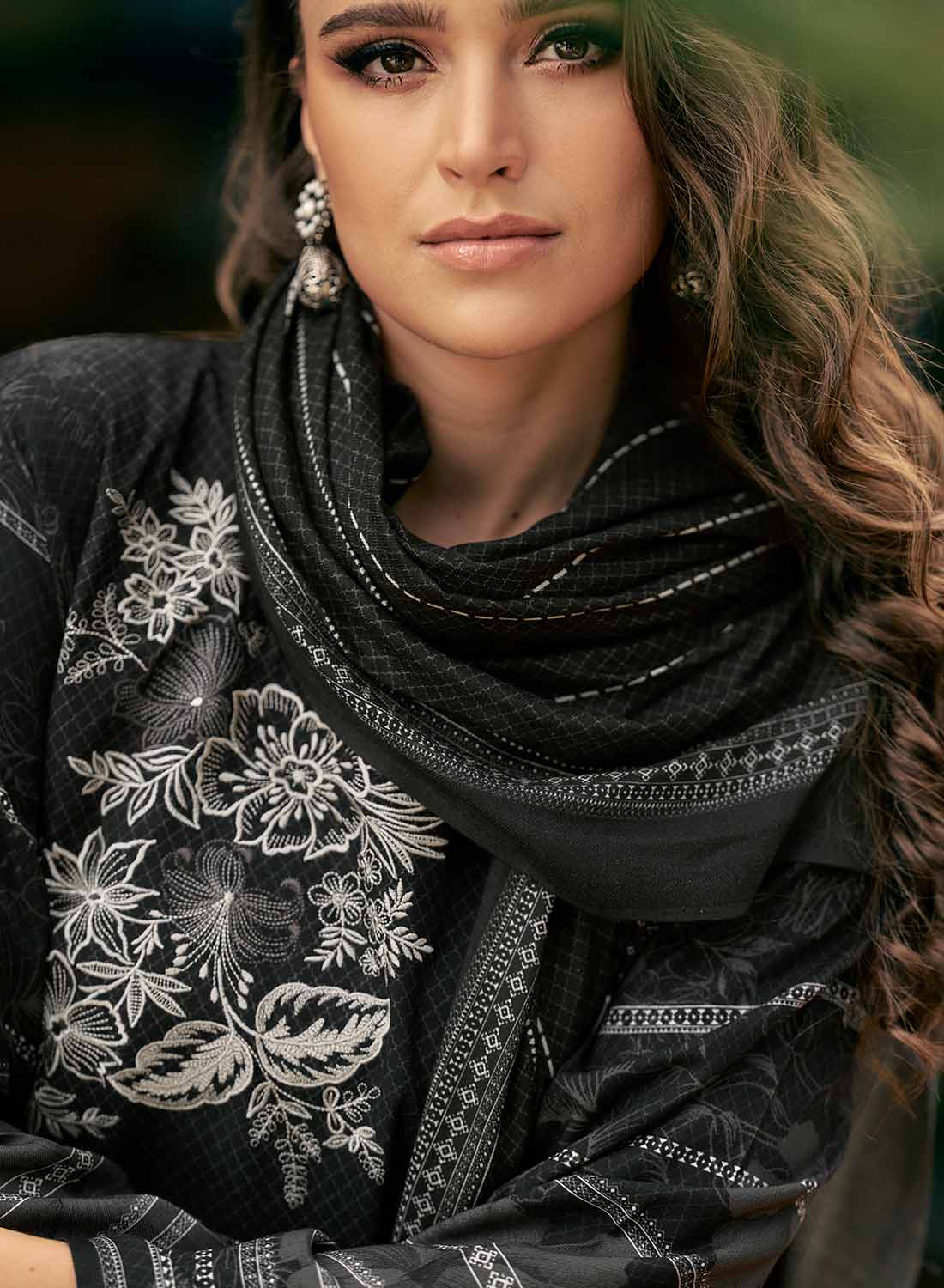 Black Pashmina Unstitched Winter Suit Material with Shawl Dupatta