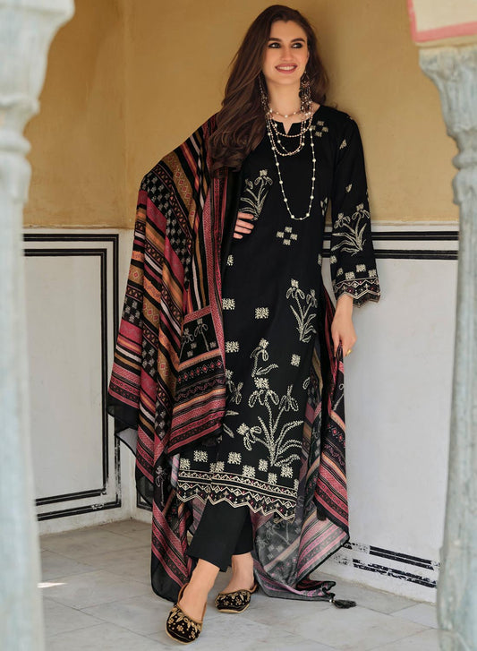 Pure Cotton Black Unstitched Suit Dress Material for Women with Muslin Dupatta