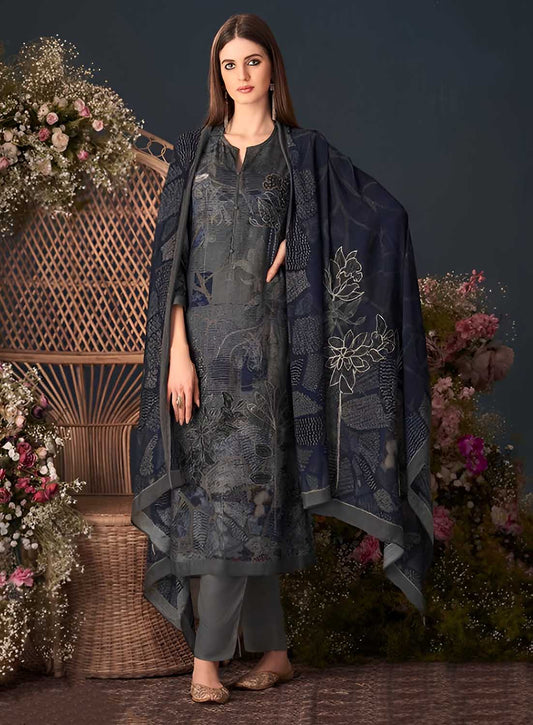 Unstitched Grey Printed Pashmina Winter Suit Dress Material for Women