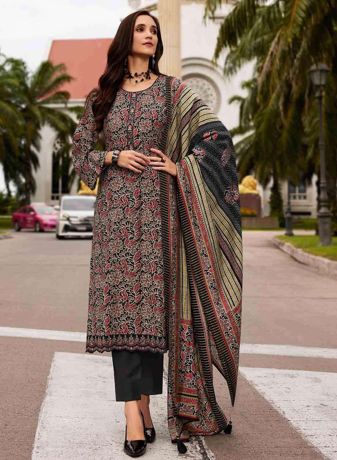 Black Pure Viscose Muslin Unstitched Suit Material with Embroidery