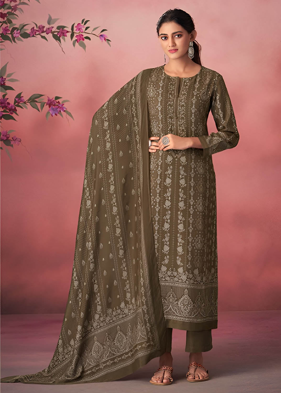 Unstitched Green Pashmina Winter Suit Material with Muslin Silk Dupatta Esta Designs