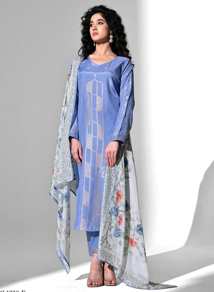 Party Wear Blue Muslin Jacquard Unstitched Suit Material for Women