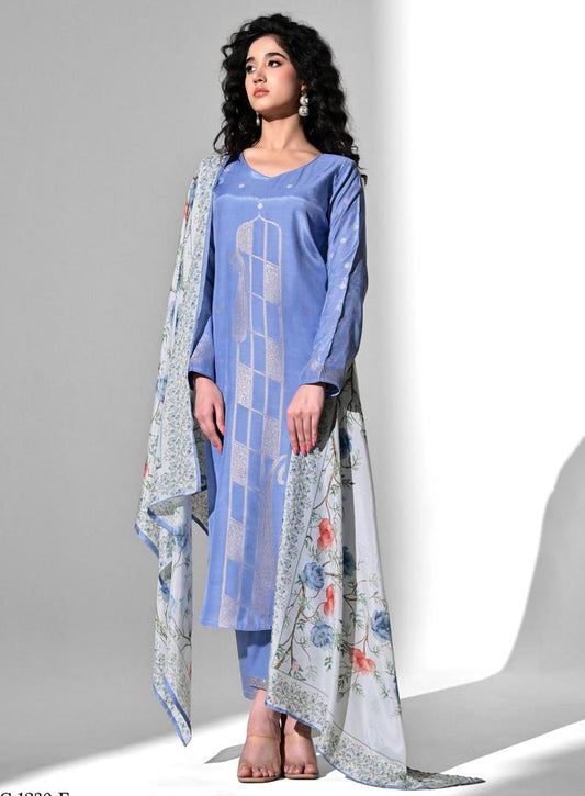 Party Wear Blue Muslin Jacquard Unstitched Suit Material for Women
