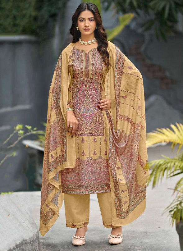 Beige Printed Unstitched Cotton Suit Dress Material for Women