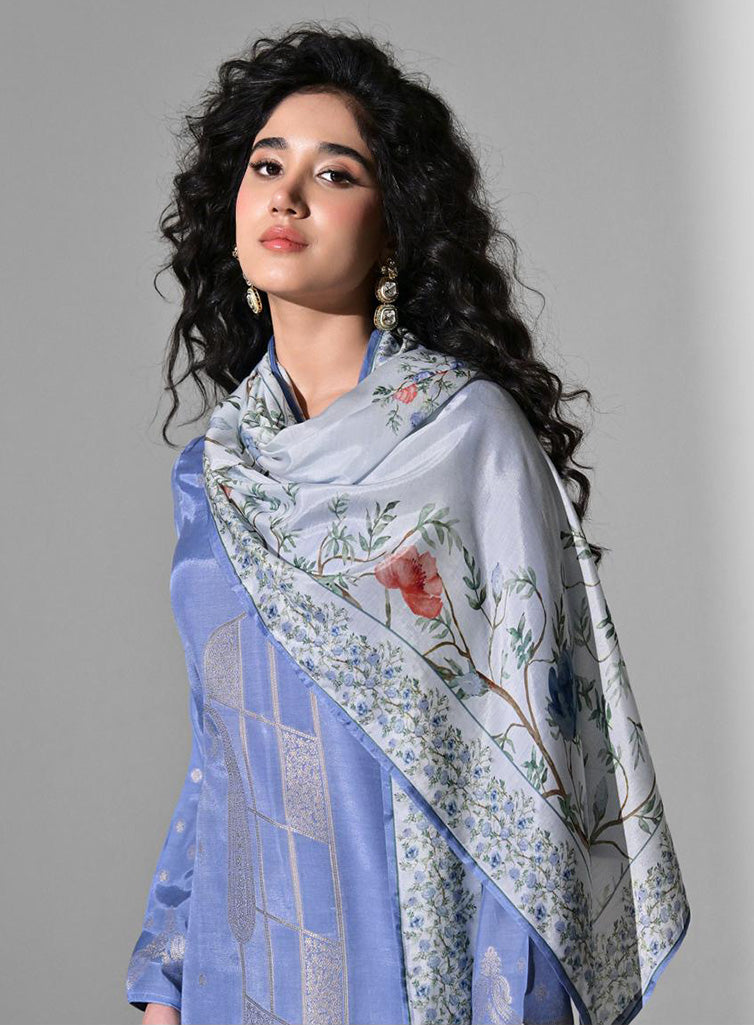 Party Wear Blue Muslin Jacquard Unstitched Suit Material for Women
