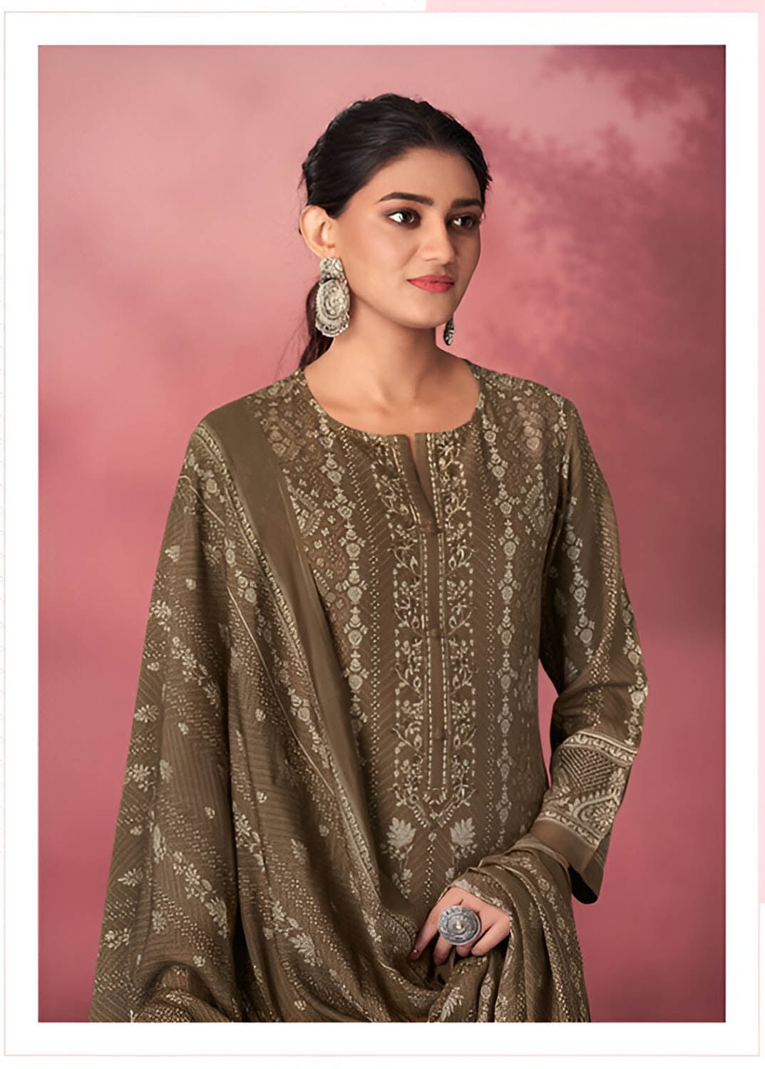 Unstitched Green Pashmina Winter Suit Material with Muslin Silk Dupatta