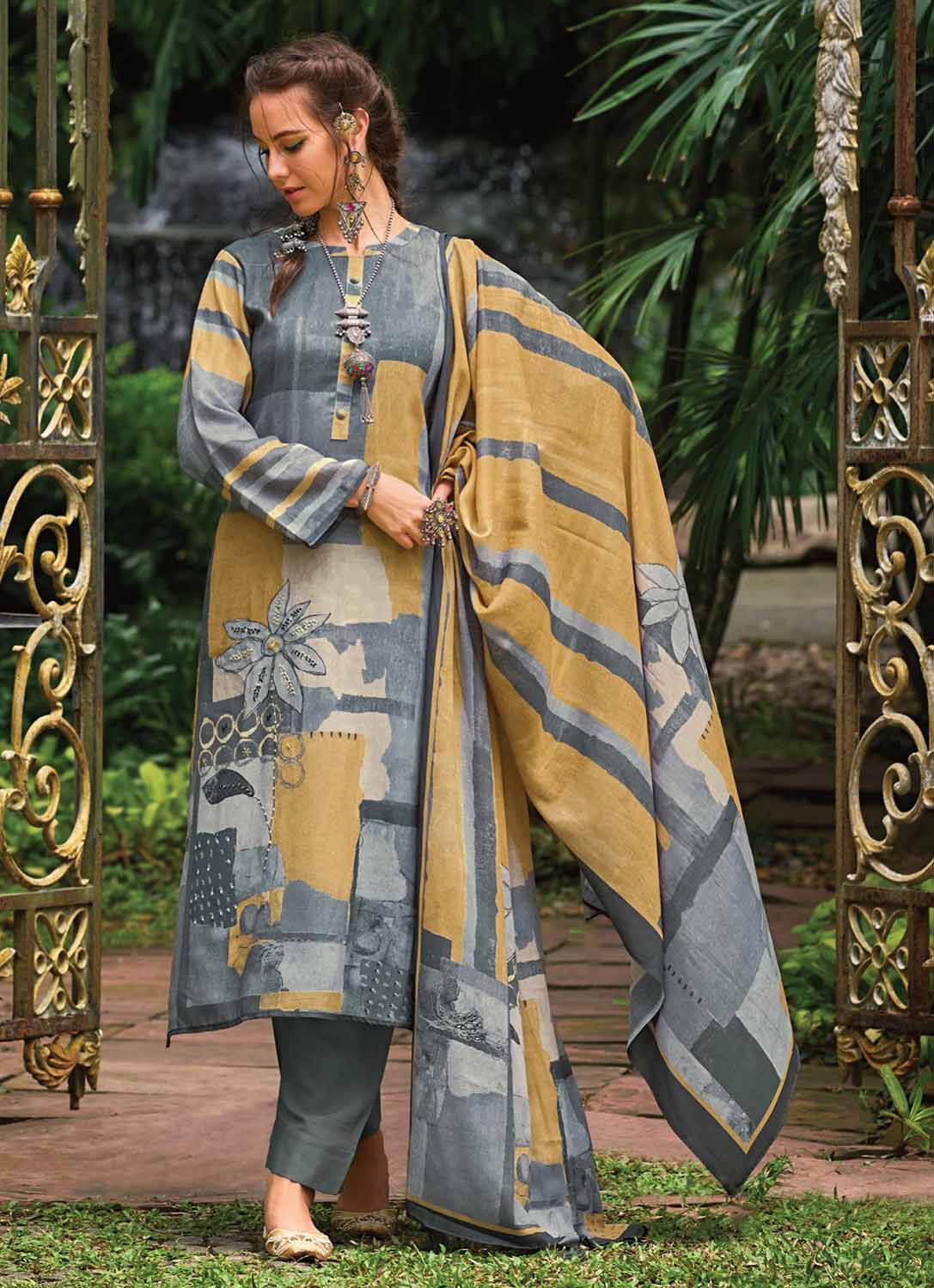 Kilory Pashmina Printed Grey Women Winter Suit Dress Material Kilory Trends