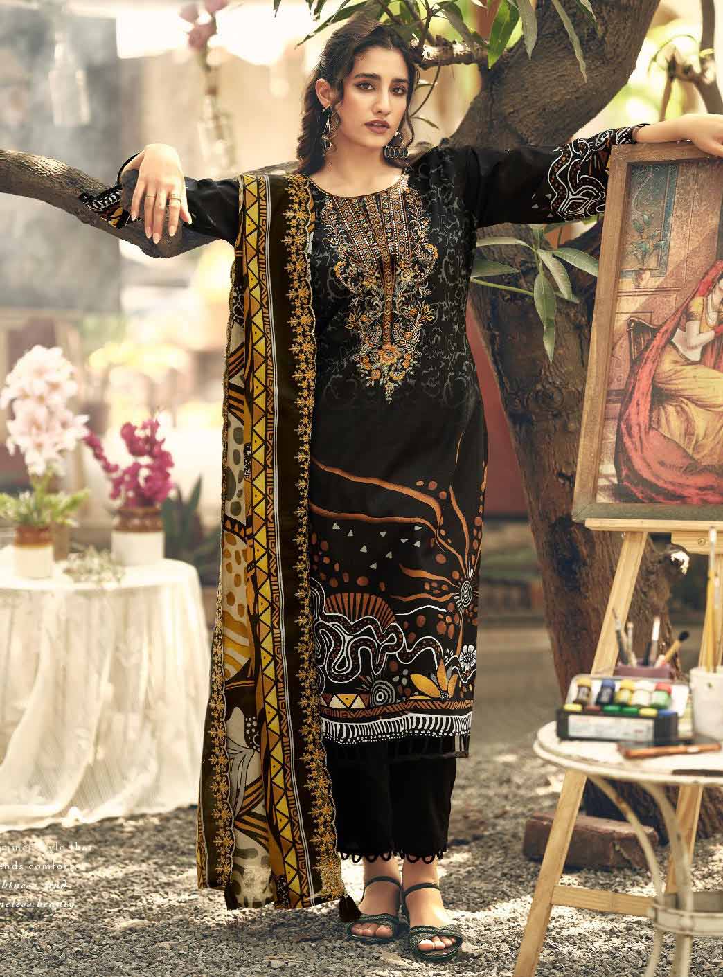 Cambric Cotton Black Pakistani Unstitched Suit Material Embroidered