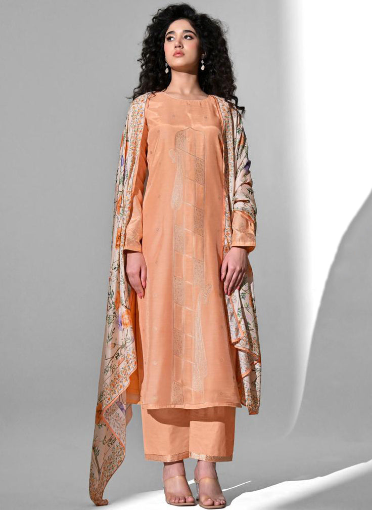 Party Wear Orange Muslin Jacquard Unstitched Suit Material for Women