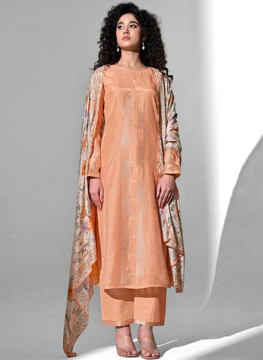 Party Wear Orange Muslin Jacquard Unstitched Suit Material for Women