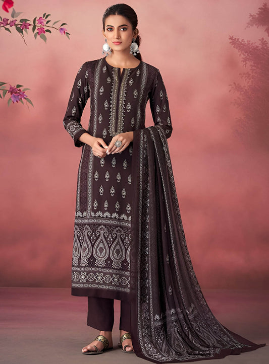 Unstitched Brown Pashmina Winter Suit Material with Muslin Silk Dupatta Esta Designs