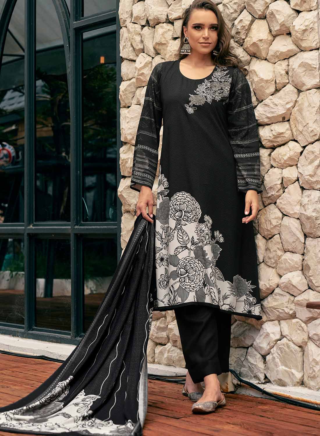 Women's Black Pashmina Unstitched Winter Salwar Suit Dress Material