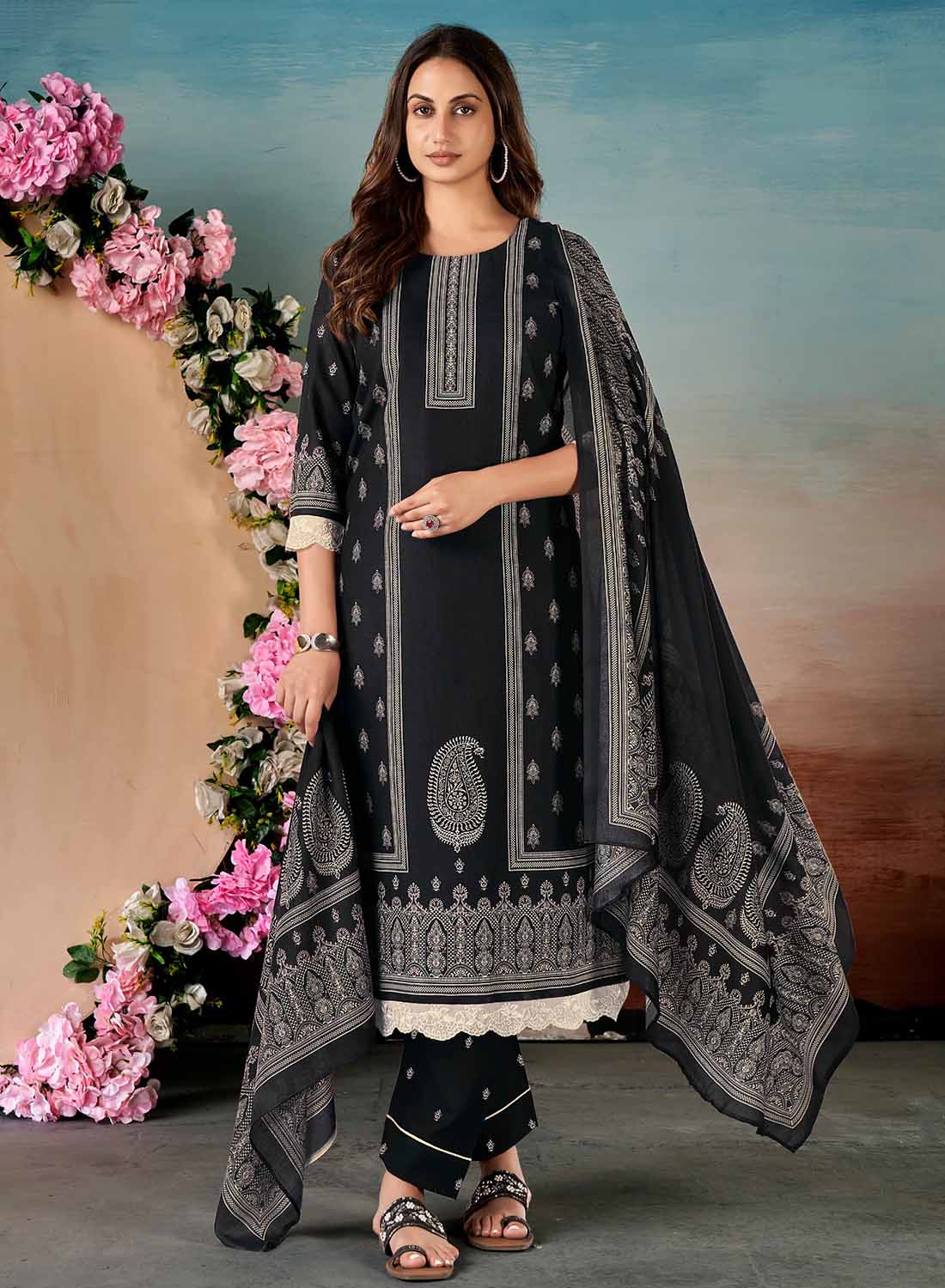 Unstitched Black Pashmina Winter Salwar Suit Material for Women